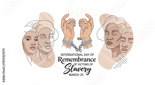 Illustration for International Day of Remembrance of Victims of Slavery with diverse faces and broken chains on a white background.