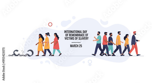Illustration of diverse people walking together in solidarity for the International Day of Remembrance of Victims of Slavery with a minimalist design and bold colors on a white background.