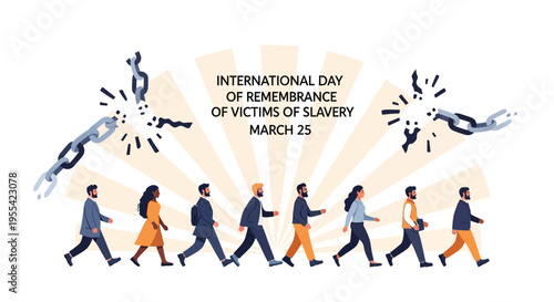 Illustration of diverse people walking together on International Day of Remembrance of Victims of Slavery, breaking chains with a sense of freedom and human rights, against a clean white