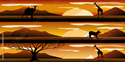 African savanna landscape with silhouetted giraffes mountains and trees