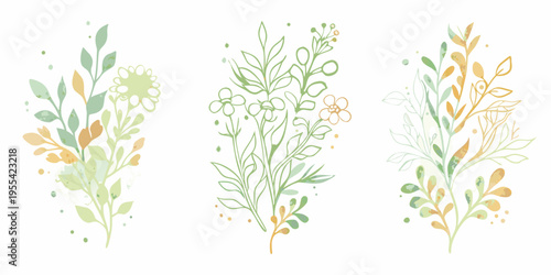 Watercolor floral arrangements with delicate leaves and soft color palettes