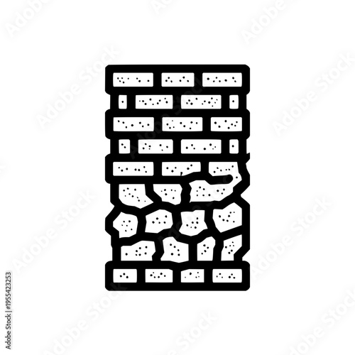 Damaged Brick Wall with Black Outline on White Background