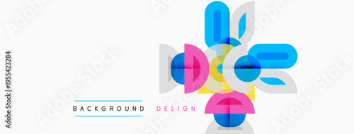 Abstract geometric shapes overlap, creating vibrant design. Light background enhances colorful elements. Modern aesthetic.