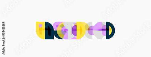 Abstract design features overlapping colorful shapes forming letterforms. Minimalist aesthetic with vibrant hues against white background.