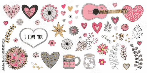 A colorful collection of hearts flowers a guitar and loving messages