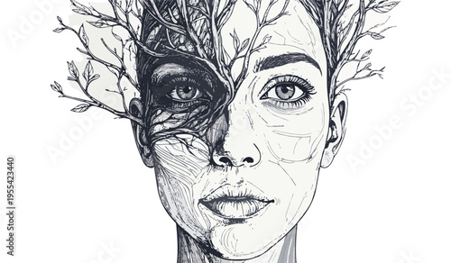Rooted Identity Portrait — Line-Art Surreal Face of Roots & Branches