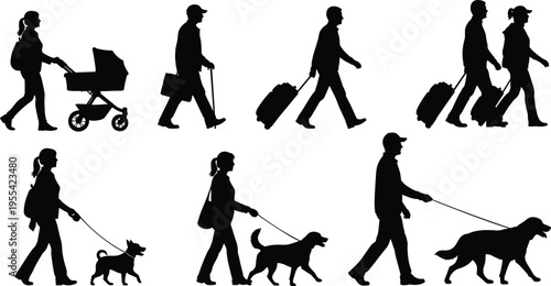 People walking silhouettes with luggage baby stroller and dogs vector illustration black and white lifestyle activity collection isolated design