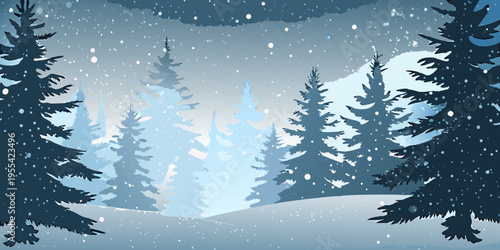 Winter landscape featuring snow covered trees and a softly blurred background