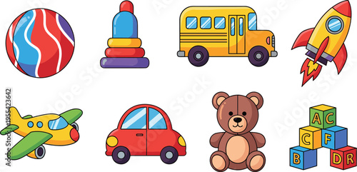 Kids toys illustration set with ball stacking rings bus rocket airplane car teddy bear and alphabet blocks collection
