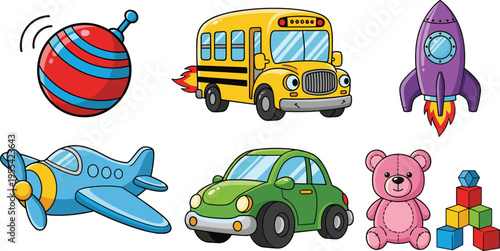Kids toys illustration set with school bus airplane rocket car teddy bear blocks and colorful children play objects collection