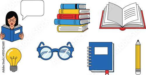 Education and reading illustration set with books student notebook glasses pencil and learning knowledge elements collection