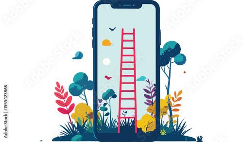 Ladder into the Screen — Digital Escapism Surreal Concept