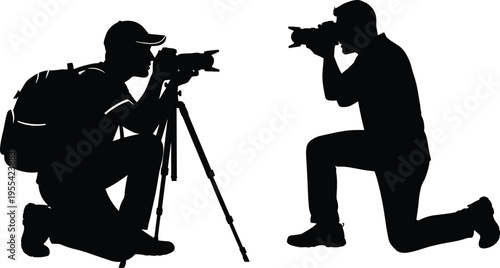 photographer, camera, tripod, silhouette, shooting, professional, photography, outdoor, creative, equipment, lens, media, hobby, action, pose, isolated, black, white, people, vector