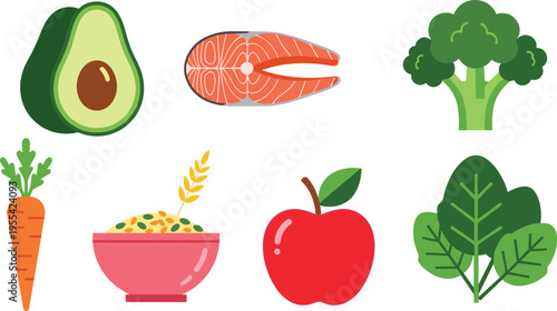 Healthy food ingredients illustration set with avocado salmon broccoli carrot apple grains and leafy vegetables collection