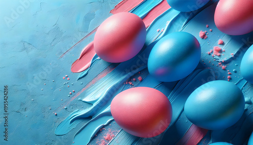 blue and pink easter eggs on blue paint stroke background