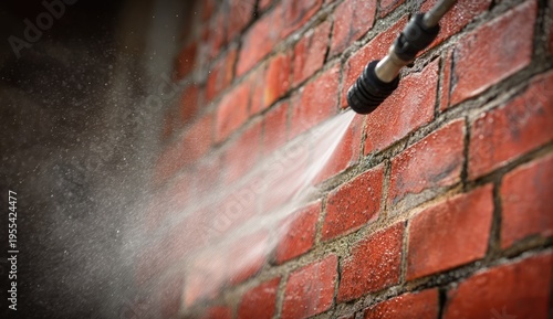 Pressure washing a brick wall for cleaning and maintenance.