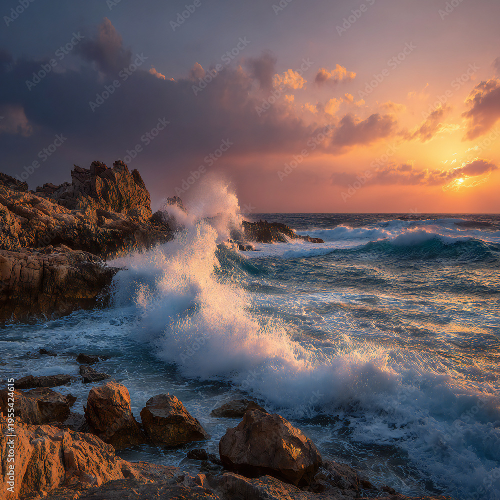 Fototapeta premium Sunset ocean waves crashing on rugged rocky shore, dramatic seascape with warm golden hues