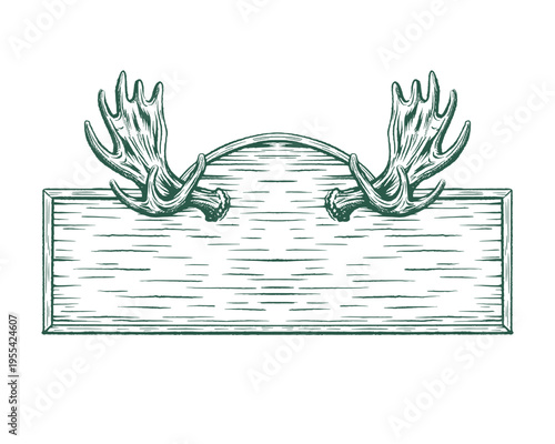 Vintage moose antlers wood signboard hand drawing outline vector 