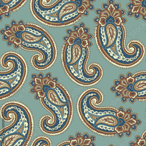 Seamless Indian traditional paisley pattern featuring intricate ornamental and floral motifs arranged in a harmonious repeat on a rich green background