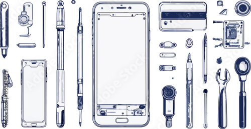 Exploded View of Repairable Modular Smartphone — Line-Art Technical Diagram