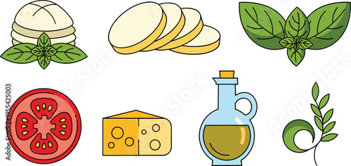 Italian food ingredients illustration set with mozzarella cheese tomato basil olive oil bread and cooking elements collection