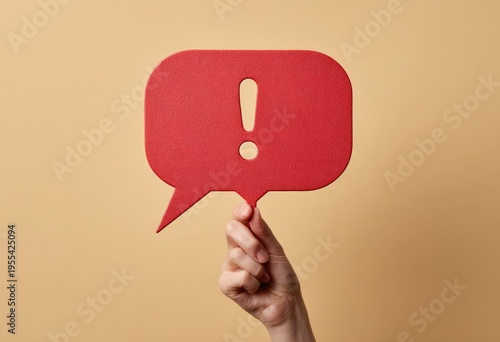 Hand holding red speech bubble with exclamation mark.