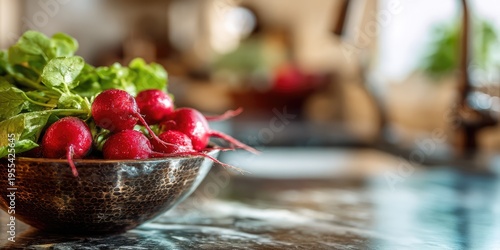 Fresh Radishes in a Bowl on a Marble Countertop.