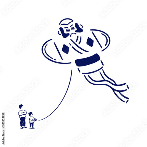 凧揚げをする大人と子供のイラスト素材
