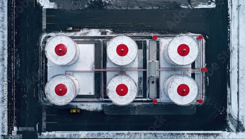 Aerial View of a Large Industrial Machine with Red Accents.