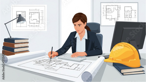 Woman designs building plans at office desk with computer and safety gear