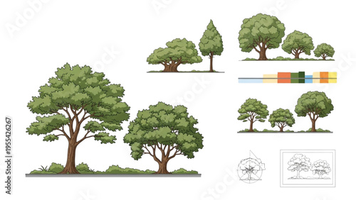 Various trees and shrubs are illustrated with colorful markers on a white background.