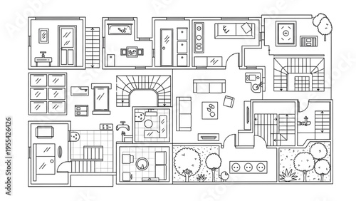 A detailed architectural illustration of a modern house floor plan with rooms and furniture