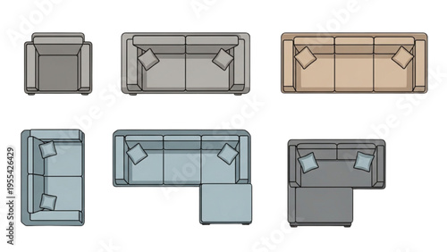 Six different colored sofa sets arranged in various configurations