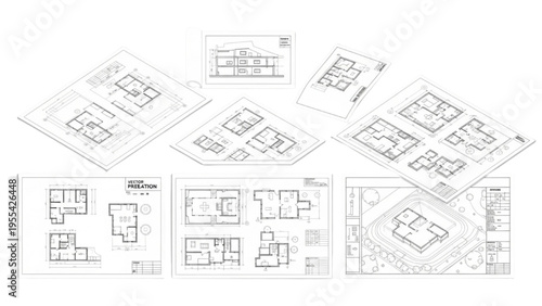 Architects display various house blueprints and floor plans on a table for review.