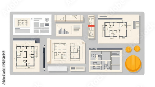 A detailed architectural plan showcases various floor layouts and designs.