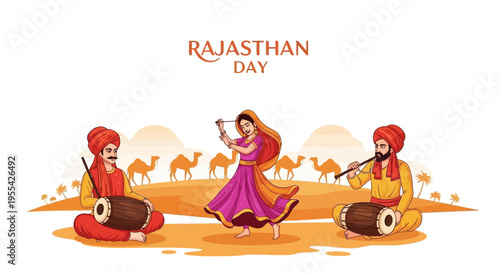 Illustration of traditional Rajasthani dancers and musicians celebrating Rajasthan Day with folk dance and music in a desert landscape with camels.