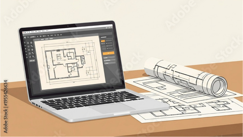 A laptop displays architectural blueprints on its screen next to rolled up plans on a desk.