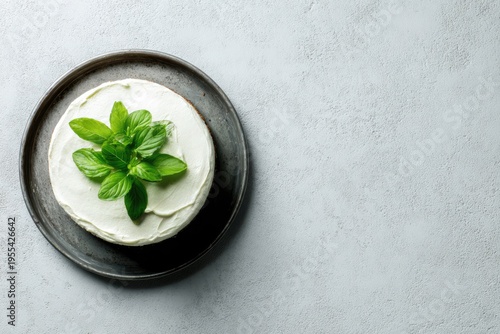 Delicious Cream Cheese Cake with Fresh Basil Leaves.