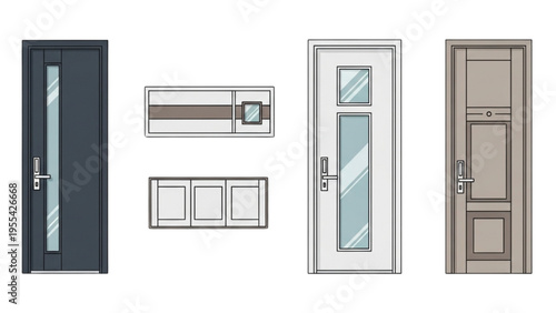 Illustrations of various modern door designs and components on display