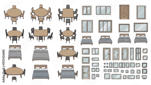 Various furniture sets with tables, chairs, beds, and mirrors are illustrated.
