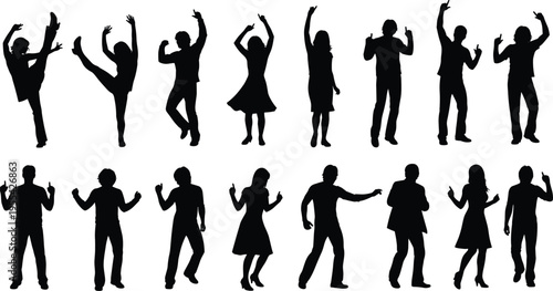 People, dancing, silhouettes, party, celebration, music, dance, movement, energy, fun, nightlife, entertainment, club, rhythm, black, isolated, figures, set, illustration, collection