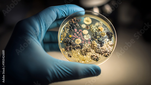 Wallpaper Mural Gloved Hand Holds Petri Dish with Diverse Bacterial Colony Culture, Illustrating Scientific Research and Microbiology Laboratory Work Torontodigital.ca
