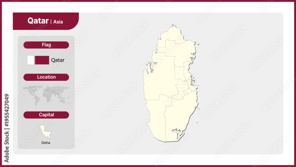 Fototapeta Vector illustration map of Qatar. Includes national flag, location, and capital information.