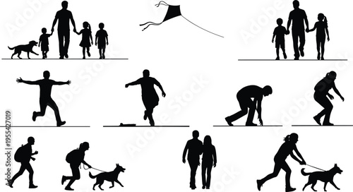 People, silhouettes, daily, activities, family, walking, running, flying, kite, dog, lifestyle, movement, outdoor, human, black, isolated, set, figures, illustration, collection