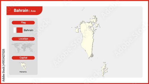 Vector illustration map of Bahrain. Includes national flag, location, and capital information.