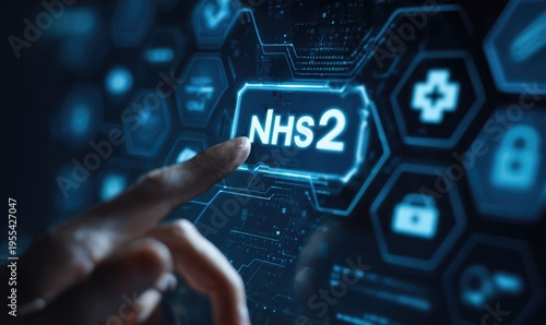 NHS2 digital healthcare concept with finger touching virtual interface.