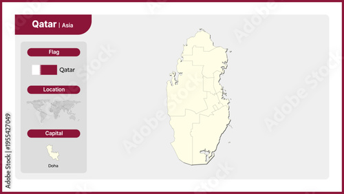 Vector illustration map of Qatar. Includes national flag, location, and capital information.