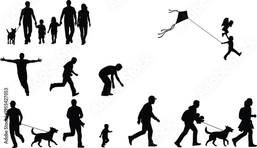 People, silhouettes, family, lifestyle, walking, running, children, dog, flying, kite, outdoor, activity, movement, human, figures, black, isolated, set, illustration, collection
