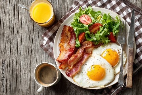 Delicious Breakfast Plate with Bacon, Eggs, Salad, and Beverages.