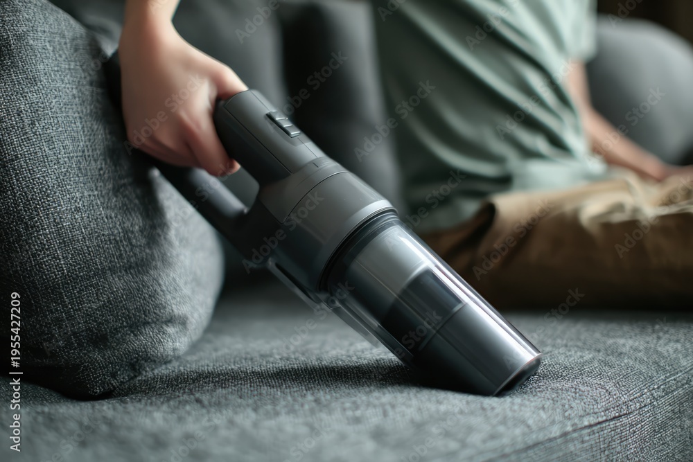 Fototapeta premium Person using handheld vacuum cleaner on sofa for cleaning.